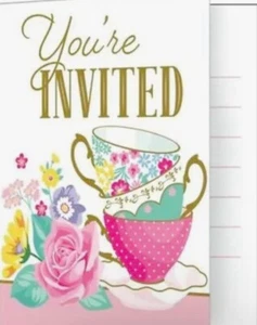 Floral Tea Party Foldover Invitations Invites 8 Pack 4" x 5" Paper Birthday - Picture 1 of 1