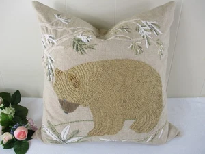 Pottery Barn 20 X 20 Beige Embroidered Jute Bear Cotton Pillow + Feather Insert - Picture 1 of 15