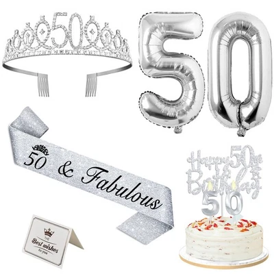 50th Birthday Decorations for Women Silver with 50th Birthday Sash and Crown,... - Image 1 of 4