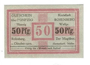 Notgeld - Rosenberg- Stadt Rosenberg (heute Susz in Polen) - 50 Pf. - 1920 -rar! - Picture 1 of 2