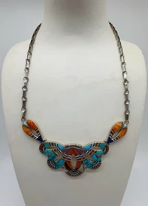 Sterling Silver Multi-Stone Micro Inlay Necklace 39.5g #346 - Picture 1 of 18