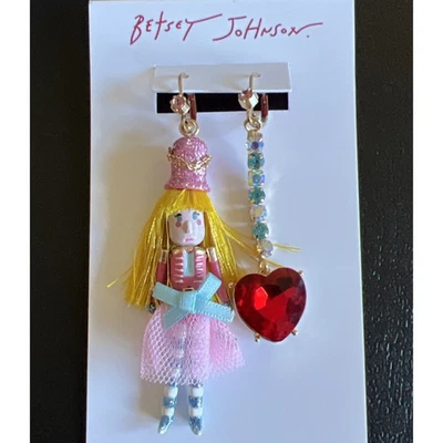 Betsey Johnson Nutcracker Girl Earrings Dangle Mismatch Christmas NEW - Image 1 of 3