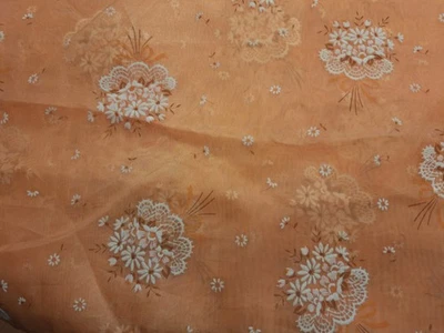 2 2/3 YDS VINTAGE ORANGE FLORAL BOUQUETS FLOCKED FABRIC! SEMI-SHEER & PRETTY! - Image 1 of 4