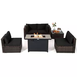Patiojoy 6PCS Patio Furniture Set Rattan Cushioned Sofa Gas Fire Pit Table Black - Picture 1 of 10