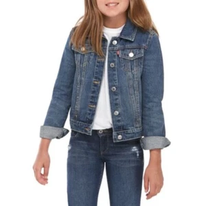NWOT LEVIS Girls Youth M Blue Denim Jean Jacket Buttoned Collar Levi Strauss New - Picture 1 of 6