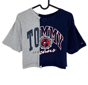 Tommy Hilfiger Women Blue Crop College Splicing Crew Neck T Shirt Size XS - Picture 1 of 9