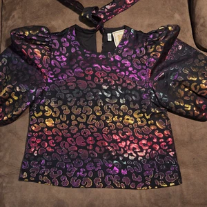 Emily McCarthy Bella Top Gold Cheetah in Shiny Metallic Color Shift Puff Sleeves - Picture 1 of 10
