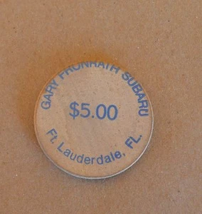 VTG Wooden Nickel Gary Frunrath Subaru $5 Ft. Lauderdale FL Blue Ink - Picture 1 of 6