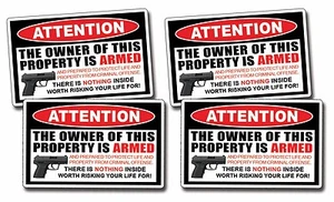 4 Mini Owner Armed Warning Decal Sticker Gun Control Handgun 2nd Amendment  2A - Picture 1 of 1