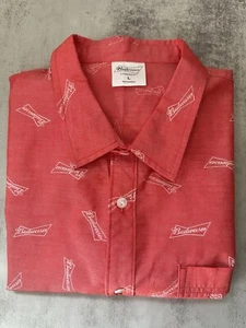 Budweiser Button Up Shirt Mens L Red Short Sleeve Spellout Logo All Over Print - Picture 1 of 6
