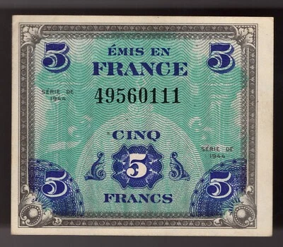 1944 France WWII Allied Military Currency, 5 Francs. Pic# 115 UNC - Image 1 of 2