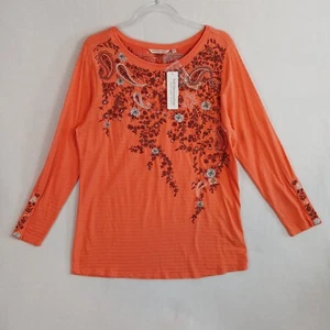 Soft Surroundings Women's Beaded Long Sleeve Boho Faye Top Size L Coral NWT - Picture 1 of 20