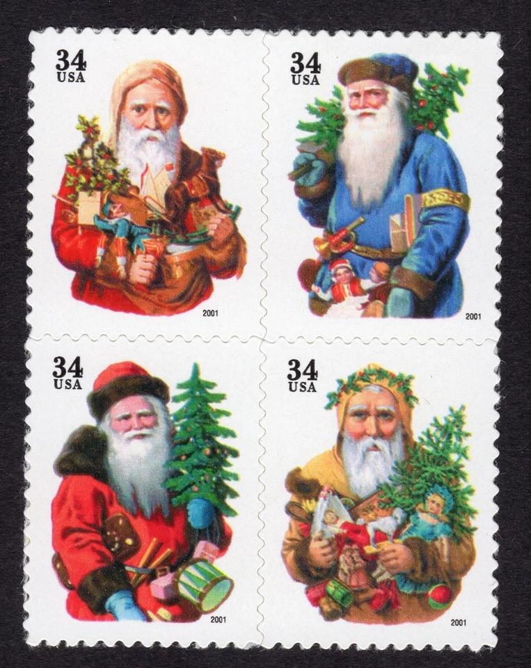 Scott #3540b Santa & Tree Block of 4 Stamps - MNH Red 1st - Image 1 of 1