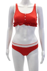 Lisa Marie Fernandez Womens Textured Ruffle Lining Bikini Top Bottom Set Red Siz - Picture 1 of 5