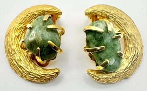 Vtg BSK Jade Green Crescent Earrings Moon Clip On Gold Tone Signed - Picture 1 of 7