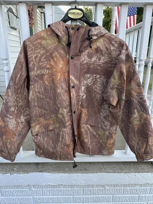 Cabelas Camo Duck Rain Hunting WindbreakerJacket Hooded Mossy Oak Break Up Men L - Image 1 of 4