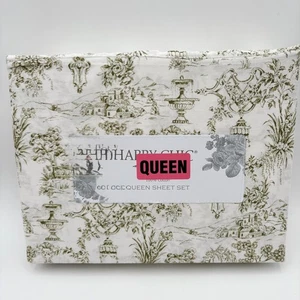Shabby Chic Queen Sheet Set Green White Toile 100% Cotton New - Picture 1 of 4