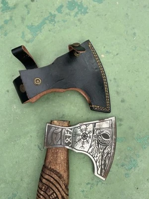 Viking Axe Carbon Steel Wood Engraved Tomahawk Battle Ready Camping With Sheath - Image 1 of 4