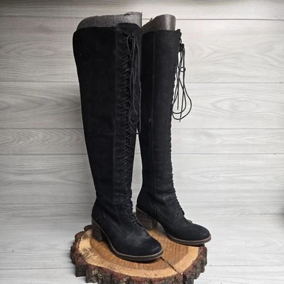 Lucky Brand Boots Women's 9 M Riding Tall Knee High Black Suede Block Heels Lace - Image 1 of 4