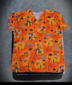 Women's Disney Halloween Scrub Top Mickey & Minnie Pumpkin Print Size L - Picture 1 of 4