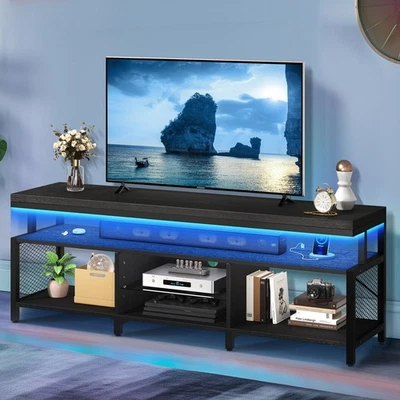 LED TV Stand W/ Power Outlets Soundbar Shelf RGB Lights Adjustable Storage New - Image 1 of 4