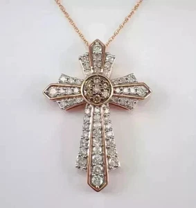 1.40Ct Round Cut Moissanite Women's Cross Pendant 14k Rose Gold Plated Silver - Picture 1 of 6