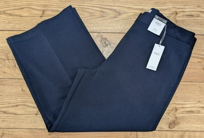 M&S Navy Crepe with Stretch Tab Detail Wide Leg High Rise Trousers UK 18 short - Image 1 of 4
