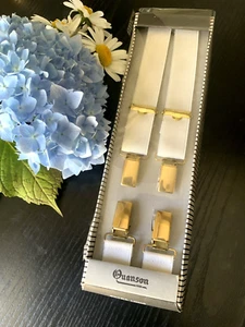 Men's Light Grey Quanson Vintage Gold Tone CLIP ON BRACES BNIB L 42in x W 21 mms - Picture 1 of 14