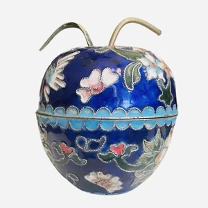 Vintage Kobalt chinesischer Cloisonne Emaille auf Metall Apfel Ring oder Schmuckschatulle Geschenk - Bild 1 von 12
