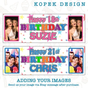 2 x Personalised Birthday Party Banners with Photo - ANY NAME/AGE KIDS ADULTS - Picture 1 of 5