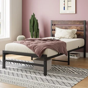 Bed Frame Twin Size with Wooden Rustic Brown Headboard Heavy Duty Metal Platform - Picture 1 of 10