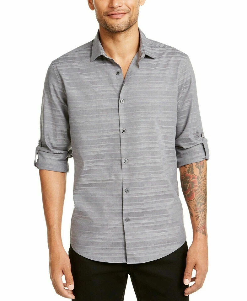 Alfani Mens Gray Strid Cotton Button-Down Shirt S BHFO 3157