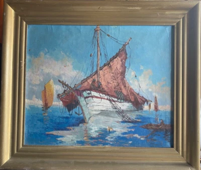 Pintura al óleo signo poco claro. Barco de pesca en el mar con velero un mástil Foto 1 de 4