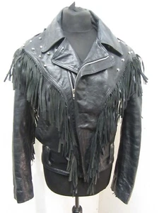 VINTAGE 80'S LA ROCKA LEATHER FRINGED MOTORCYCLE JACKET SIZE UKM, TASSELS, STUDS - Picture 1 of 17