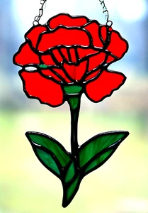 24cm RED FLORAL CARNATION Stained Glass SUNCATCHER Mum Gardeners Botanical Gift - Picture 1 of 24