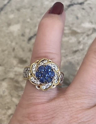 Gems en Vogue Sterling & Gold Embraced Royal Blue Sapphire & White Zircon Ring - Image 1 of 4