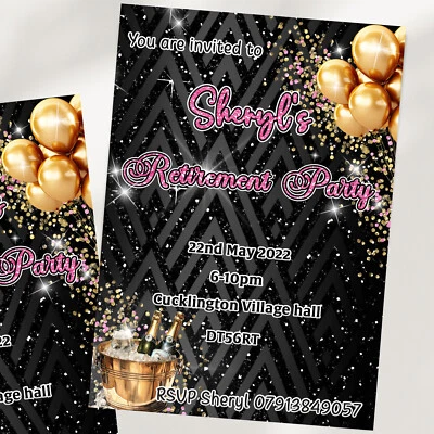 Retirement Rose Gold Glitter party Invitations,Personalised Leaving work invites - Image 1 of 4