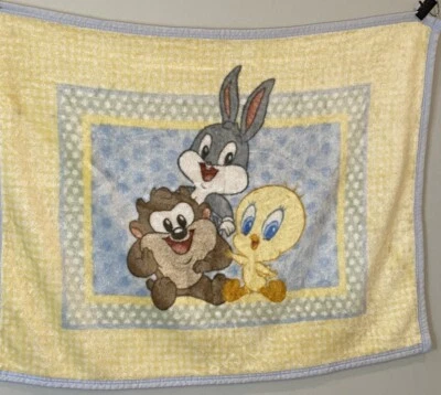 VTG Baby Looney Tunes Tweety Bird Bugs Bunny Taz Baby Blanket Yellow Blue - Image 1 of 4