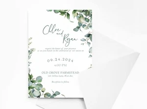 Personalised Sage Leaves Wedding Invitations with Envelopes - Picture 1 of 5
