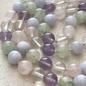 Amethyst Rosenquarz Stein blaue Spitze Achat Perlen handgeknüpft Halskette 8 mm 30 Zoll - Bild 1 von 5