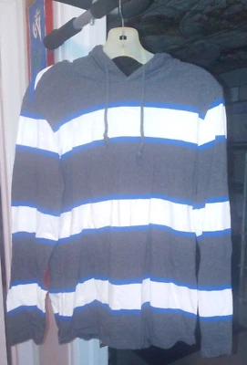Camiseta con capucha a rayas gris azul blanco talla mediana American Rag para hombre Foto 1 de 3