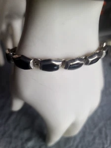 Signed TM-181 Montero Taxco Mexico Solid Sterling Silver Onyx Bracelet VTG - Picture 1 of 10