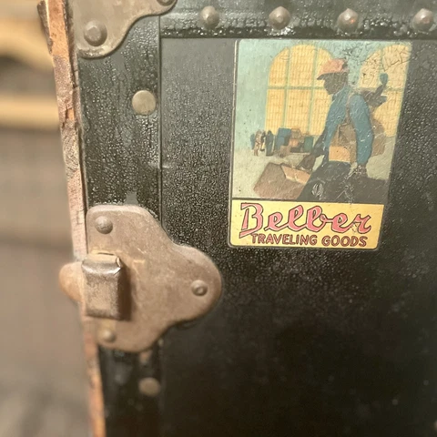 Antique 1920s Belber Steam Trunk Large Travel Wardrobe Black E. C. Armstrong USA Cover