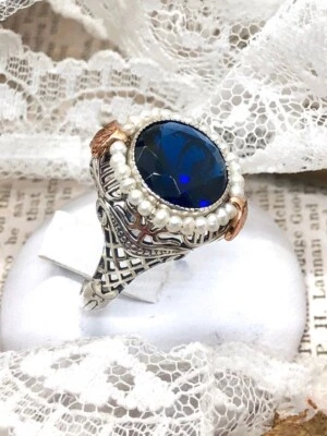 Blue Sapphire & Seed Pearl Ring, Victorian Filigree Jewelry #D238 - Image 1 of 4