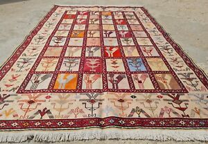 Hand Knotted Veg Dyed Genuine  Soumak Pictorial Silk Kilim Area Rug 6 x 4 Ft