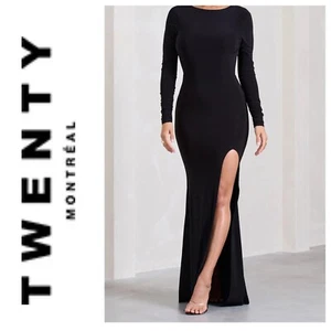 NWT Twenty Tees Montreal Black Maxi Dress Front High Slit Long Sleeve Lined XS - Picture 1 of 12