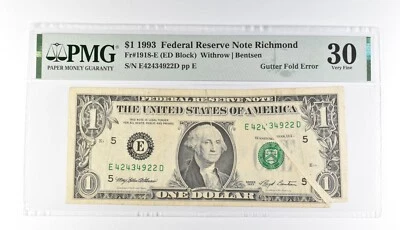 PMG 30 VF $1 1993 FRN Richmond Fr#1918-E Gutter Fold Error *3190 - Image 1 of 3