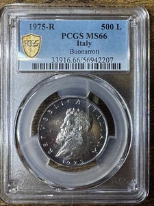 1975-R Italia Argento 500 Lire Michelangelo Buonarroti PCGS MS66 Oro Vera Vista! - Foto 1 di 6