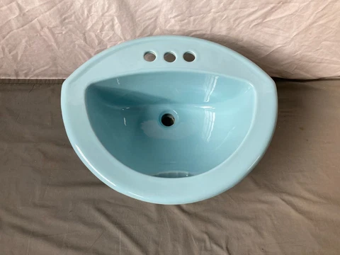 Vtg Sky Blue 21x17 Oval Self Rimming Drop In Bath Sink NOS Crane Old 269-23E Cover