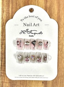 Press on Nails Hecho a Mano Rosa Y Gris Diamante Corazón Medio Ataúd XS S M - Imagen 1 de 6